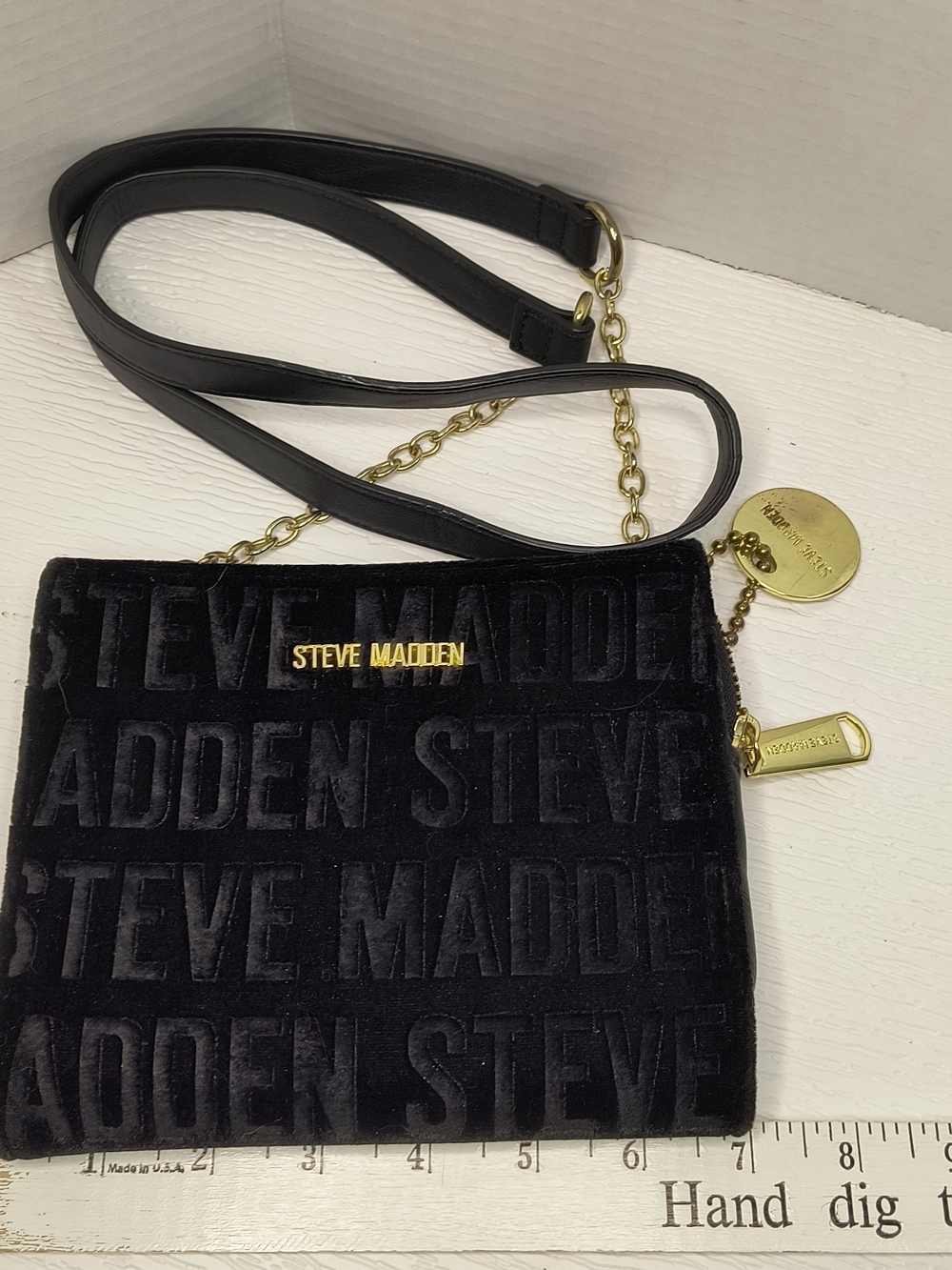 Steve Madden Black Velvet Crossbody with Gold Accents
